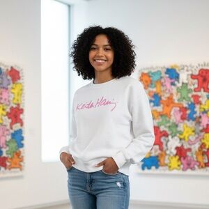Uniqlo X Keith Haring Sz L White Logo Graphic Casual Sweater